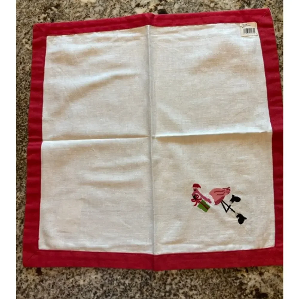 Set Of 4 FLAMINGO Santa Christmas Embroidered White Napkins Cotton Linen NWT New